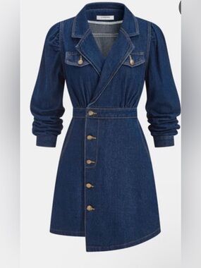 Commense Dark Blue Denim Wrap-Front Long Sleeve Dress